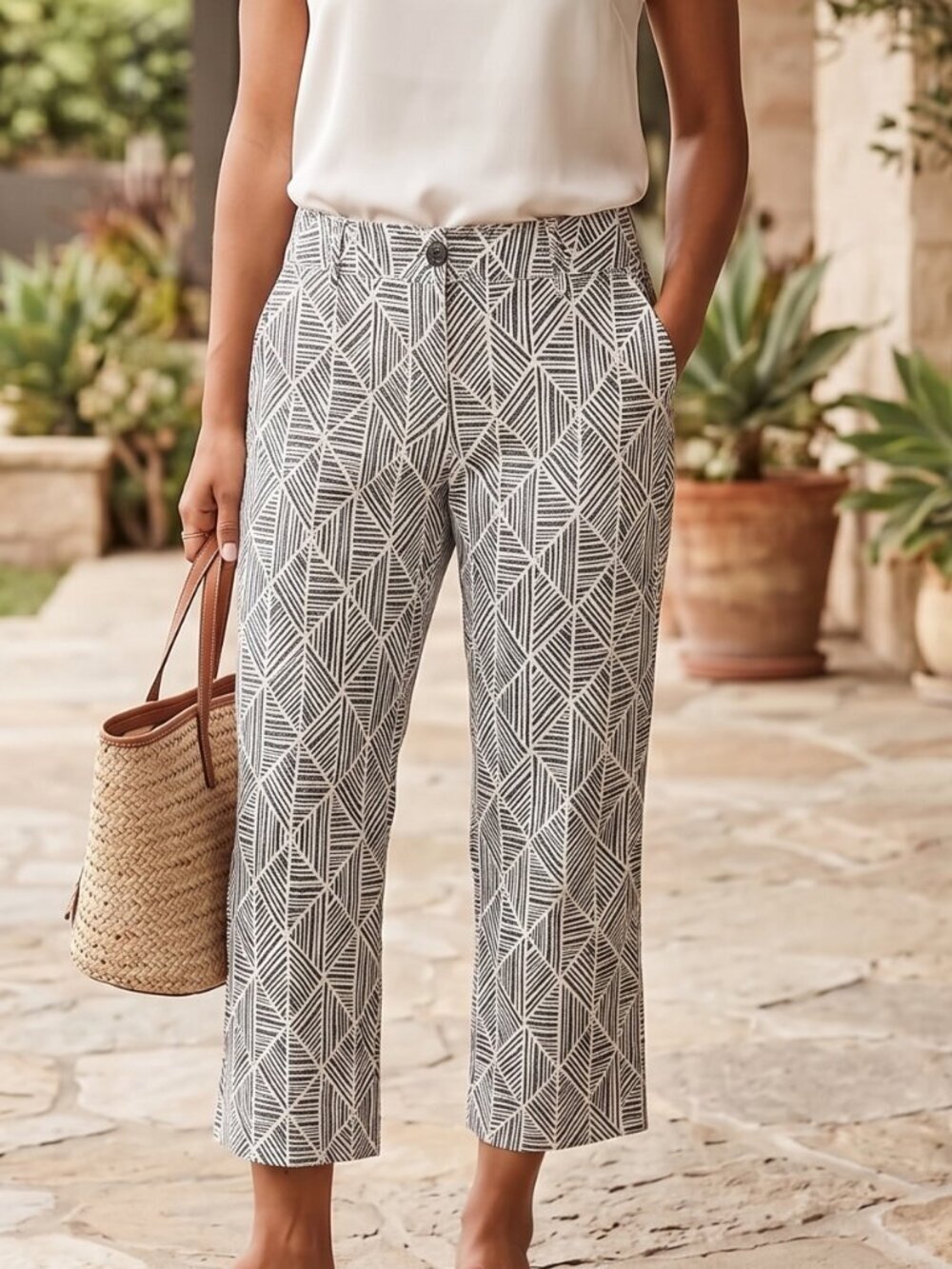 Soft Surroundings Pants Size 4 Crop Leg Tiki Tapa Hawaiian White Black Capri EUC